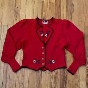 Stunning Vintage Astrifa Red Wool Cardigan Embroidered Flowers Size 38 NWOT